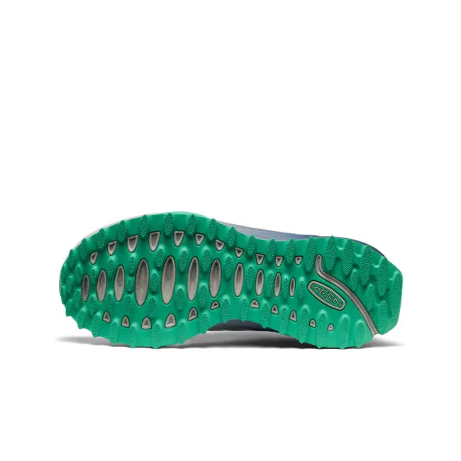 Green sole of KEEN Women&#39;s Zionic NXT Waterproof Hiking Shoe in Grey Vapor and Ballad Blue