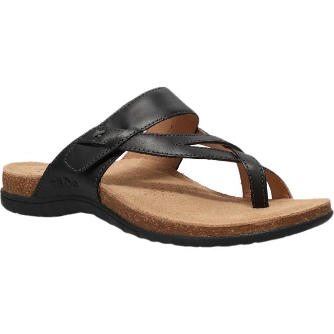 Front angled view of Women's Taos Perfect Sandal in black leather with open back and toe post