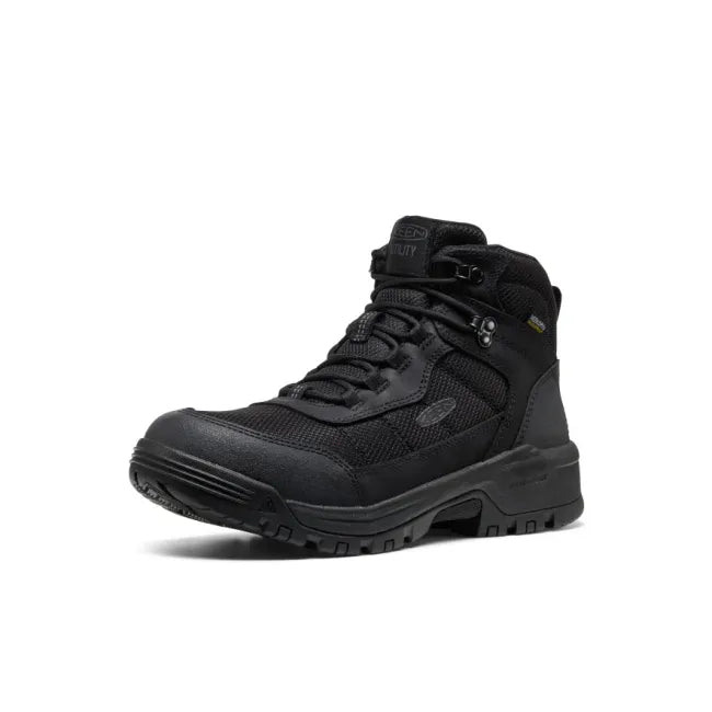 Front angled view of Keen Men's Skokie Waterproof Soft Toe Work Boot in All Black