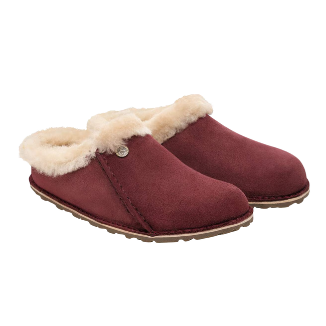 Angled Pair of Birkenstock Women's Zermatt Premium Suede Slipper in Zinfandel Red
