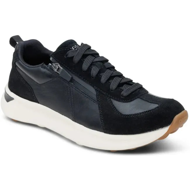 Front angled view of Aetrex Women's Elise Sneaker in Black