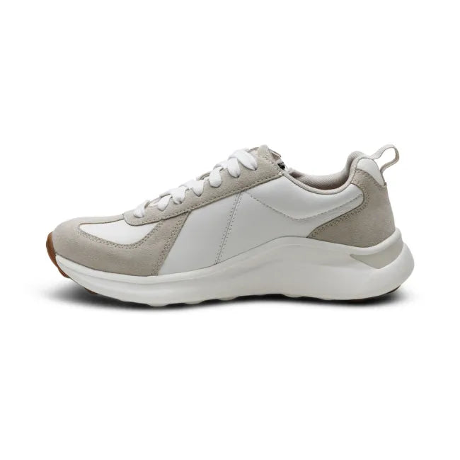 Medial side of Aetrex Women's Elise Sneaker in white and beige