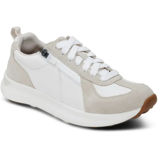 Front angled view of Aetrex Women's Elise Sneaker in white and beige