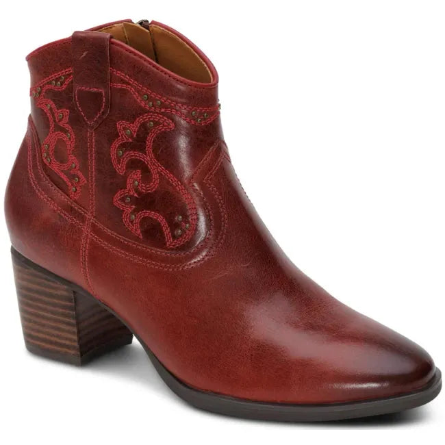 Front angled view of Aetrex Women's Reagan Ankle Boot in Red Leather