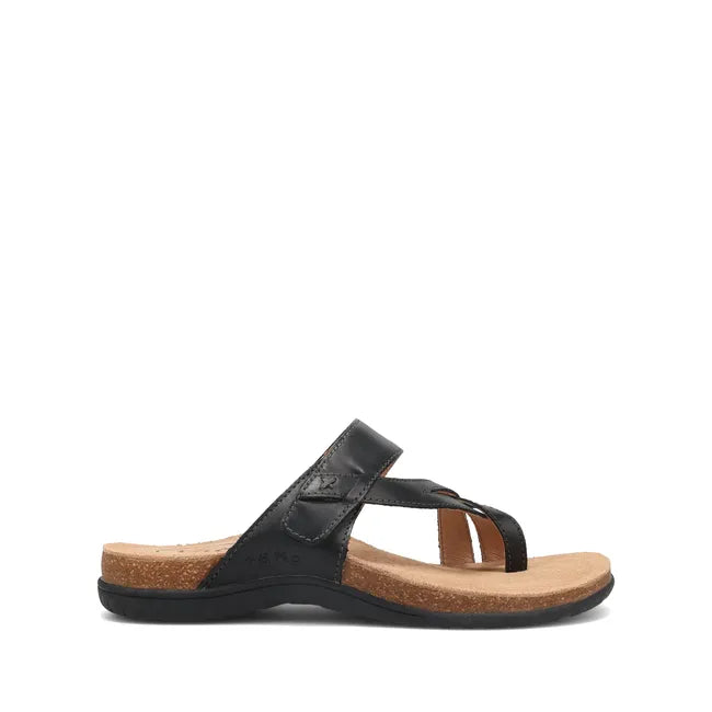 Lateral side of Women's Taos Perfect Sandal in black leather with open back and toe post