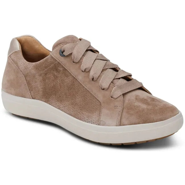 Front angled view of Aetrex Women's Courtney Sneaker in Taupe