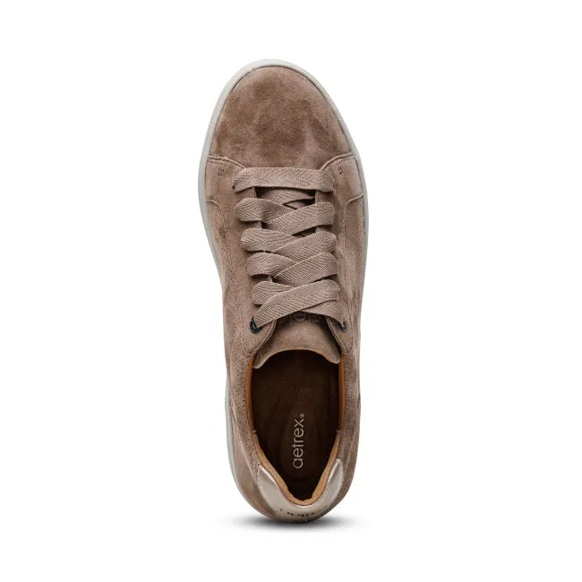 Lace up upper of Aetrex Women's Courtney Sneaker in Taupe