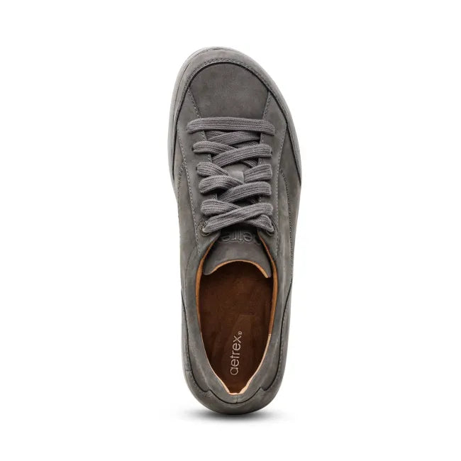 Lace up upper of Aetrex Women's Dahlia Shoe in charcoal grey
