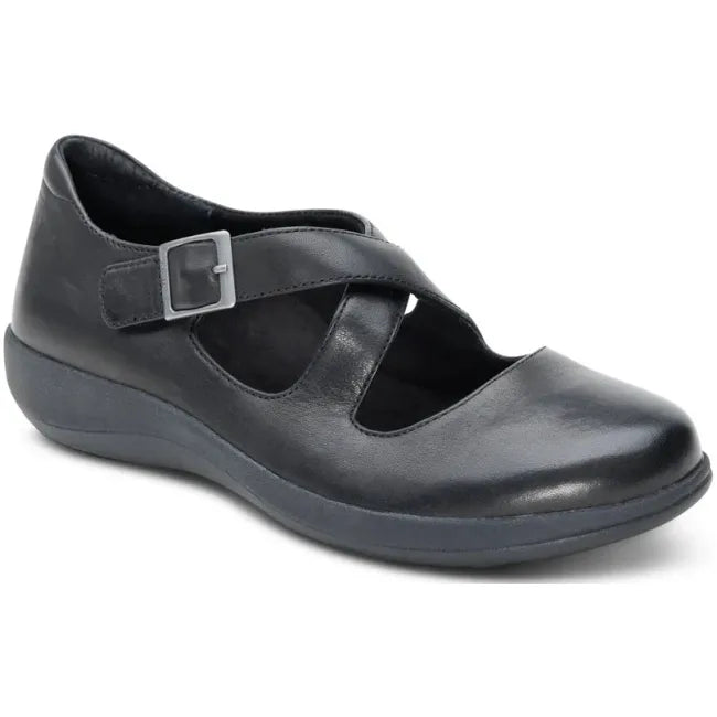 Front angled view of Aetrex Women's Paisley Mary Jane Shoe in black leather