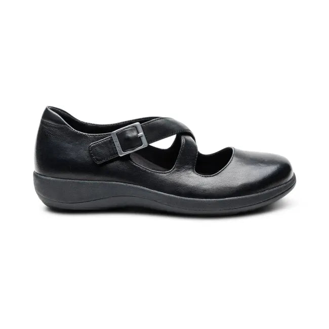 Side of of Aetrex Women's Paisley Mary Jane Shoe in black leather with velcro strap
