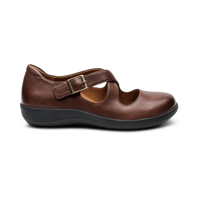 Side of of Aetrex Women's Paisley Mary Jane Shoe in brown leather with velcro strap