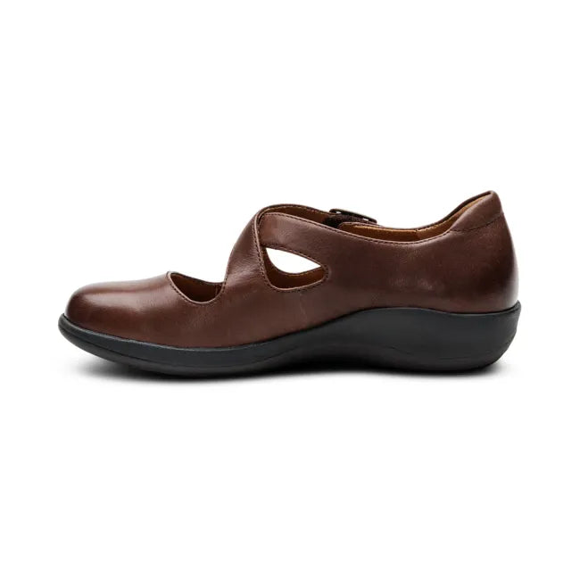 Medial side of Aetrex Women's Paisley Mary Jane Shoe in brown leather