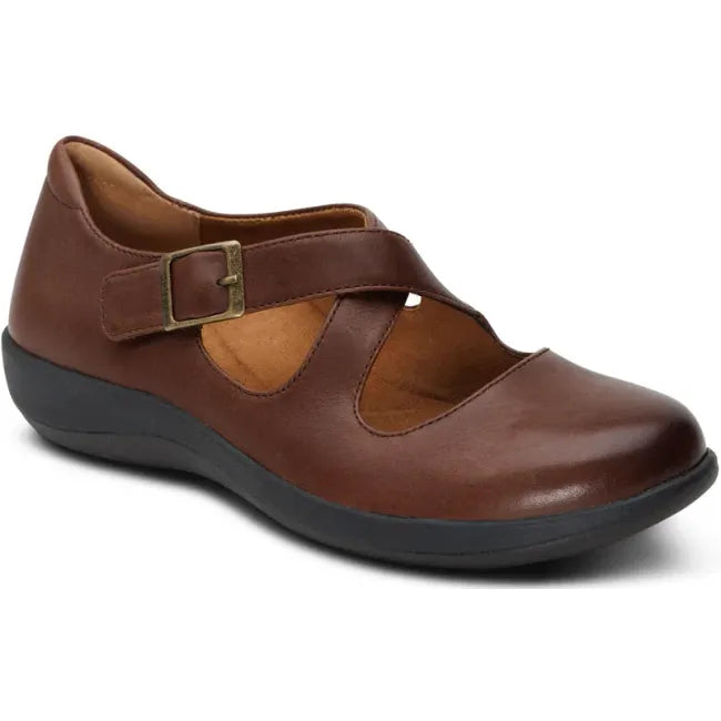 Front angled view of Aetrex Women's Paisley Mary Jane Shoe in brown leather