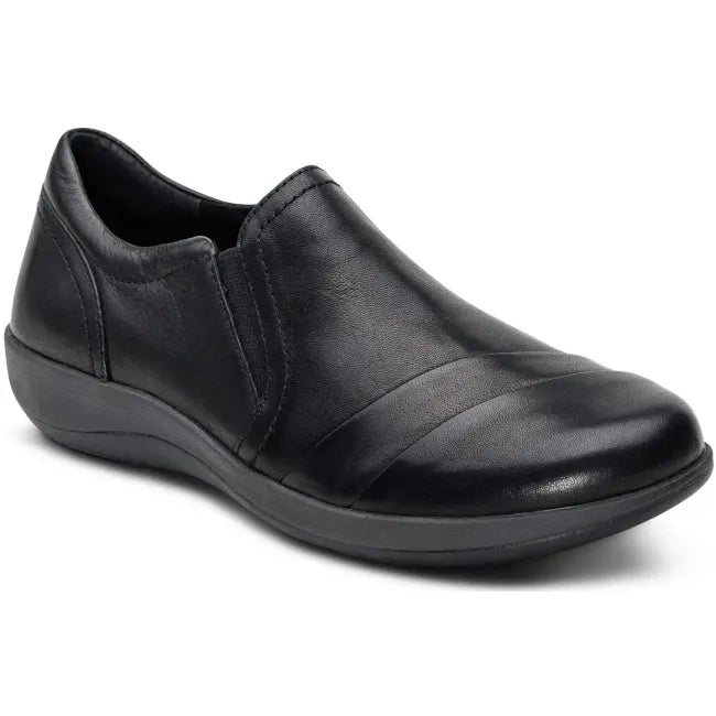 Front angled view of Aetrex Women's Helena Slip On Shoe in black leather