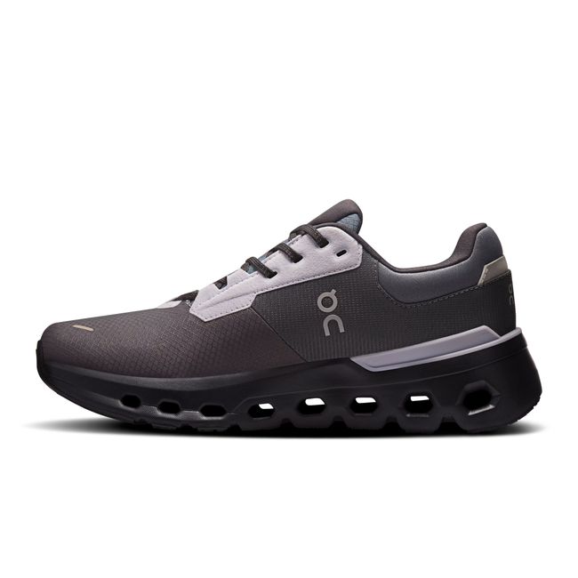 Medial side of On Running Women's Cloudrunner 2 Waterproof Running Shoe in Iron Nimbus gray