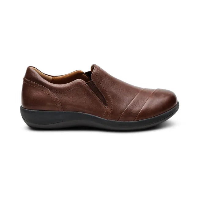 Side of of Aetrex Women's Helena Slip On Shoe in Brown Leather