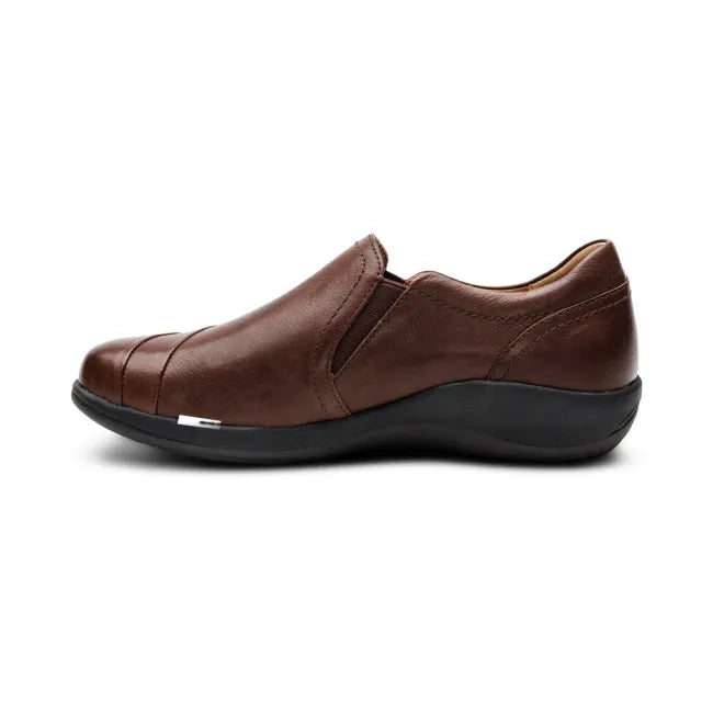 Medial side of Aetrex Women's Helena Slip On Shoe in Brown Leather