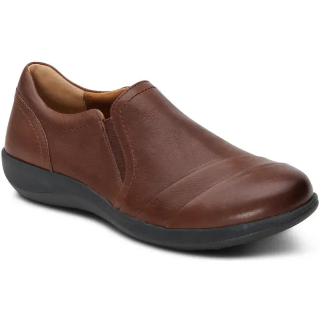 Front angled view of Aetrex Women's Helena Slip On Shoe in Brown Leather