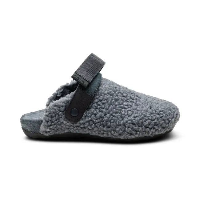 Side of Aetrex Women's Millie Slipper in Charcoal Grey with velcro strap