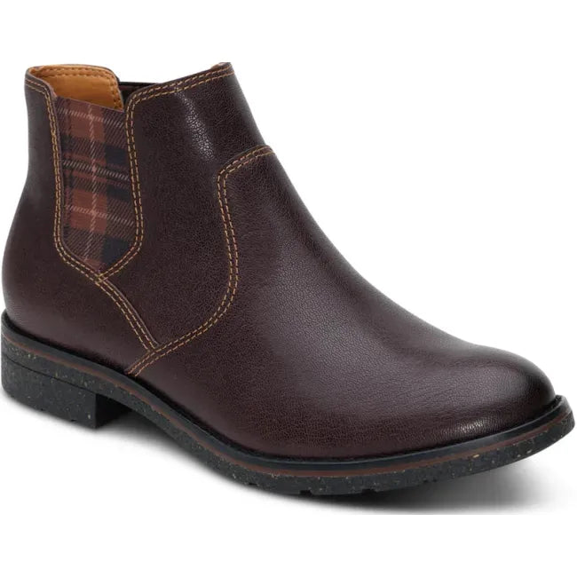 Front angled view of Aetrex Women's Kaylee Chelsea Boot in dark brown leather