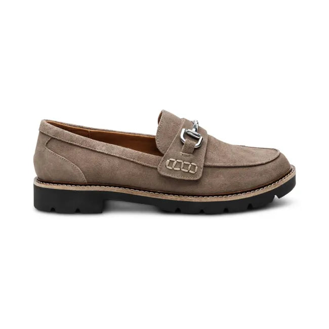 Side of Aetrex Women's Collette Penny Loafer in taupe suede