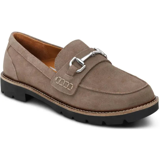 Front angled view of Aetrex Women's Collette Penny Loafer in taupe suede