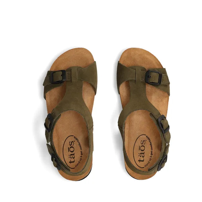 Upper of Women's Taos MVP Sandals in olive green suede with cork sole