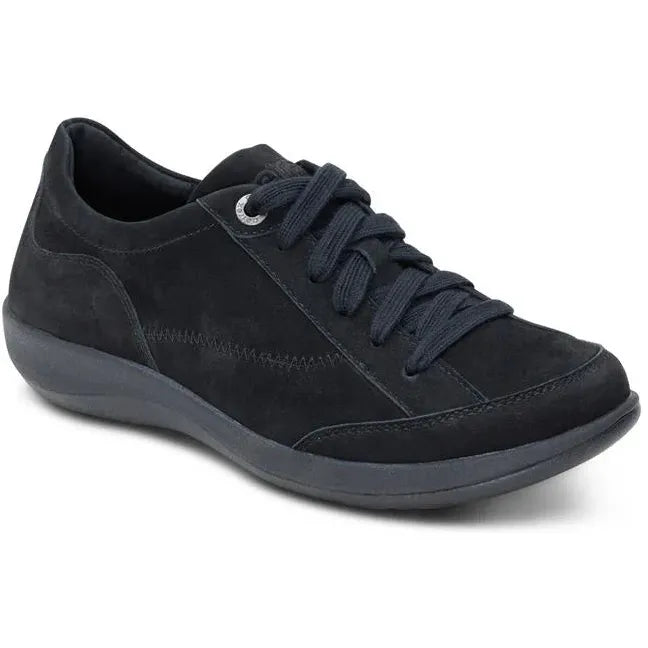 Front angled view of Aetrex Women's Dahlia Oxford Shoe in Black