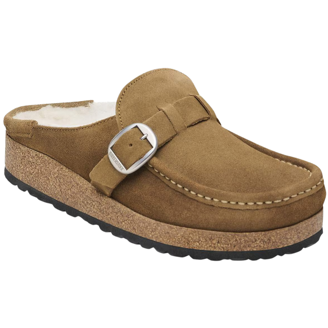 Angled side of Birkenstock Women's Buckley Shearling Clog in Dark Tea