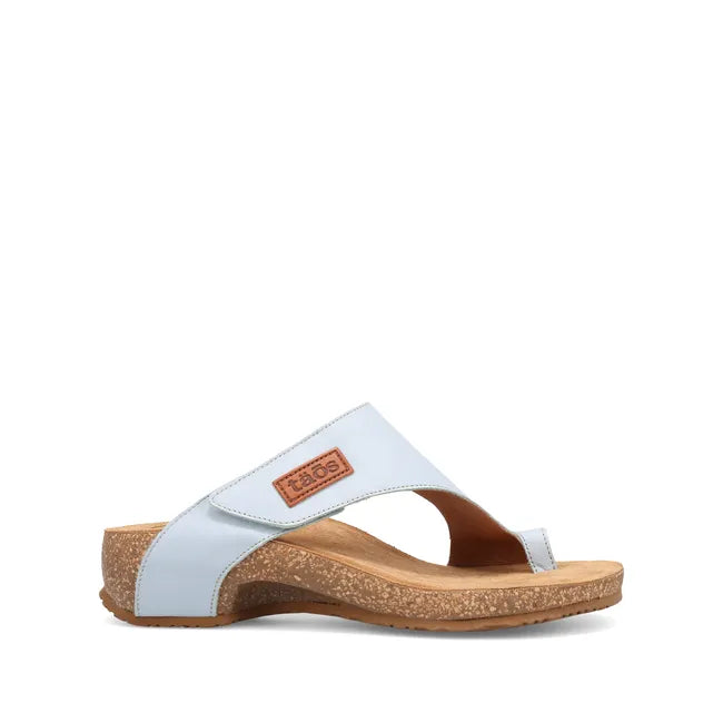 Lateral side of Women's Taos Loop Sandal in Light Blue Leather with velcro strap and toe post