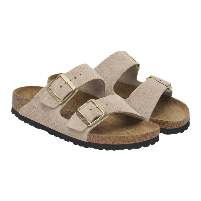 Angled Pair of Birkenstock Women's Arizona Suede Sandal in Sandcastle Beige