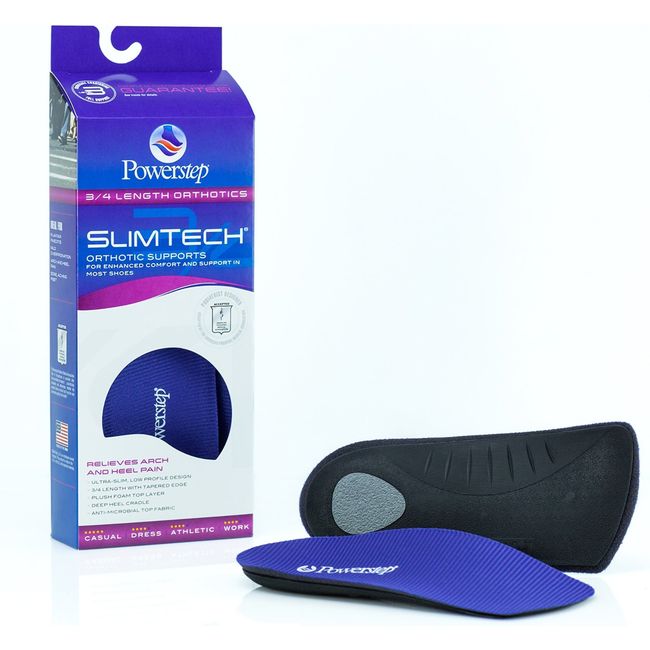 Unisex PowerStep Slimtech 3/4 Orthotic Insoles showing upper, sole, and box