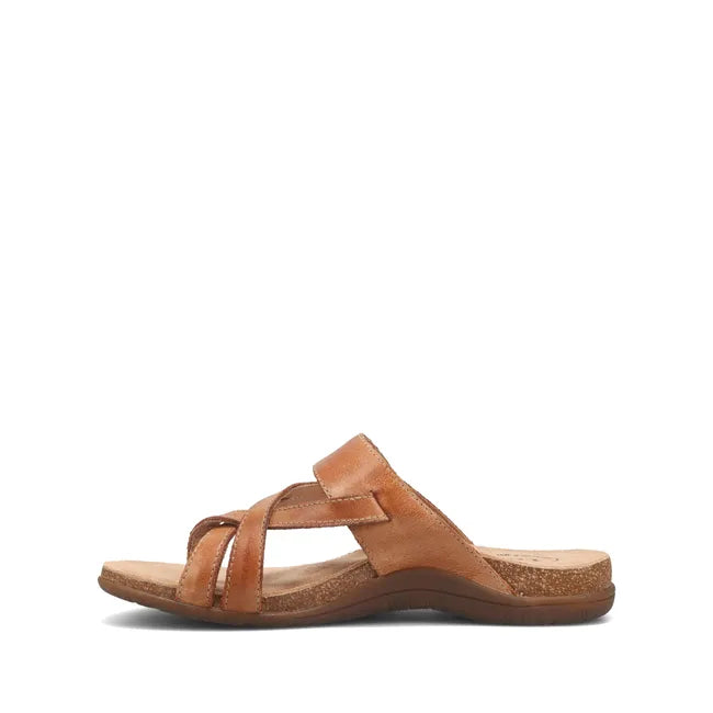 Medial side of Women's Taos Perfect Sandal in tan leather with open back and toe post