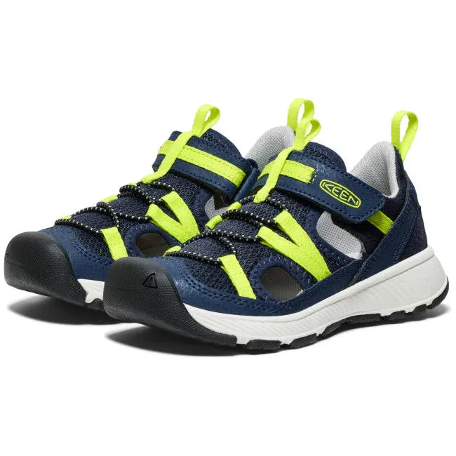 Pair of KEEN Kids' Motozoa Closed Toe Sandal in Naval Academy blue Evening Primrose yellow
