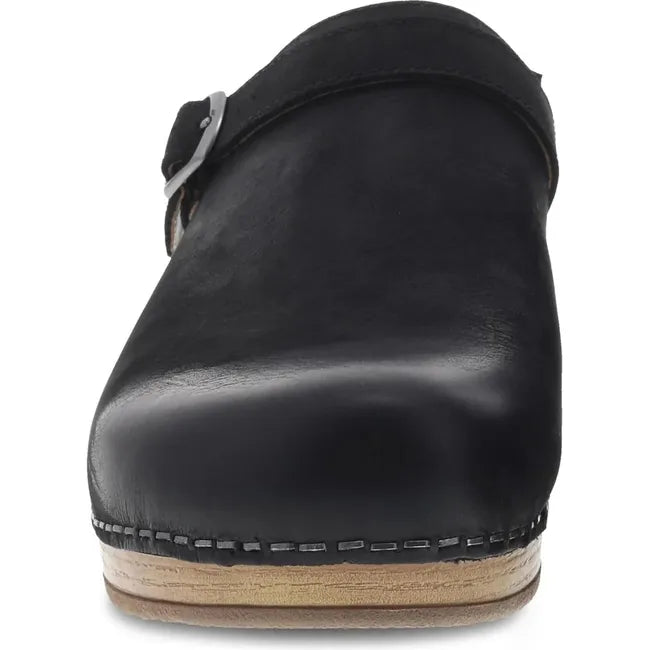 Front of Women's Dansko Berry Clog in Black Burnished Nubuck