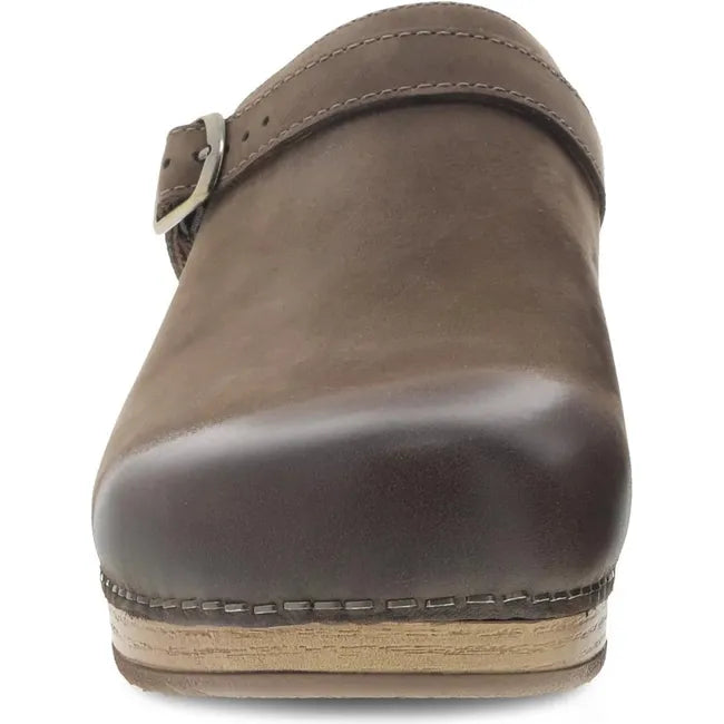 Front of Women's Dansko Berry Clog in Mushroom Burnished brown nubuck leather