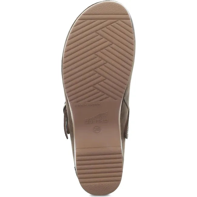 Sole of Women's Dansko Berry Clog in Mushroom Burnished brown nubuck leather and tan outsole