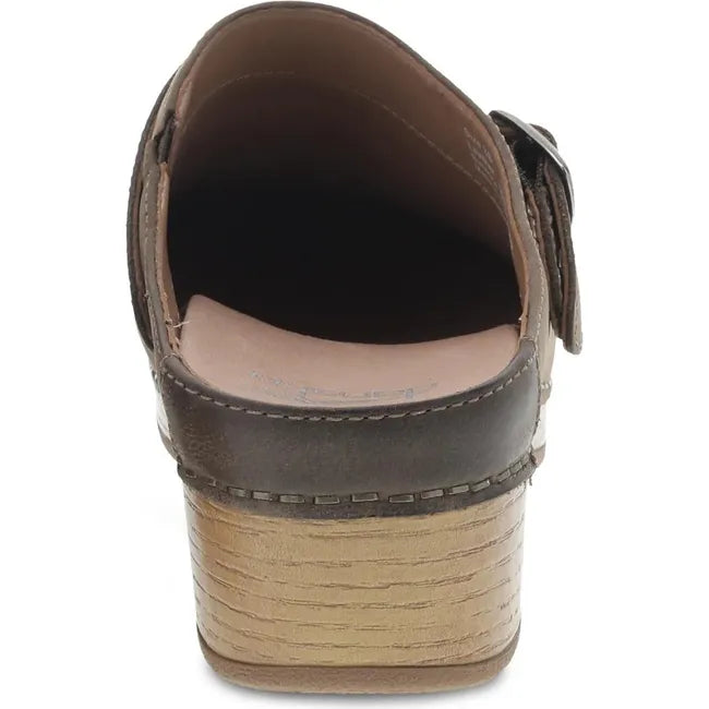 Heel of Women's Dansko Berry Clog in Mushroom Burnished brown nubuck leather