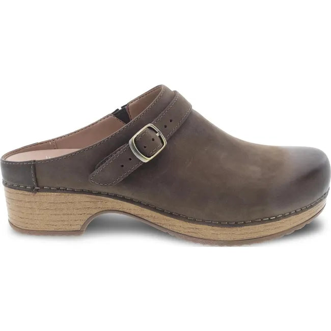 Lateral side of Women's Dansko Berry Clog in Mushroom Burnished brown nubuck leather