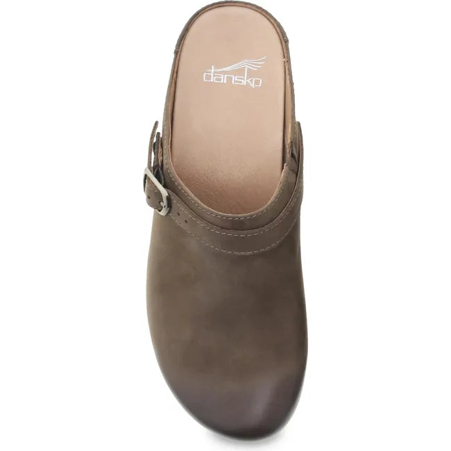 Top down view of Women's Dansko Berry Clog in Mushroom Burnished brown nubuck leather
