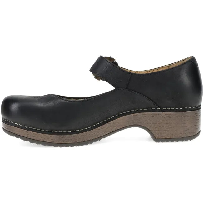 Dansko Bonny Mary Jane clog in black leather, side profile