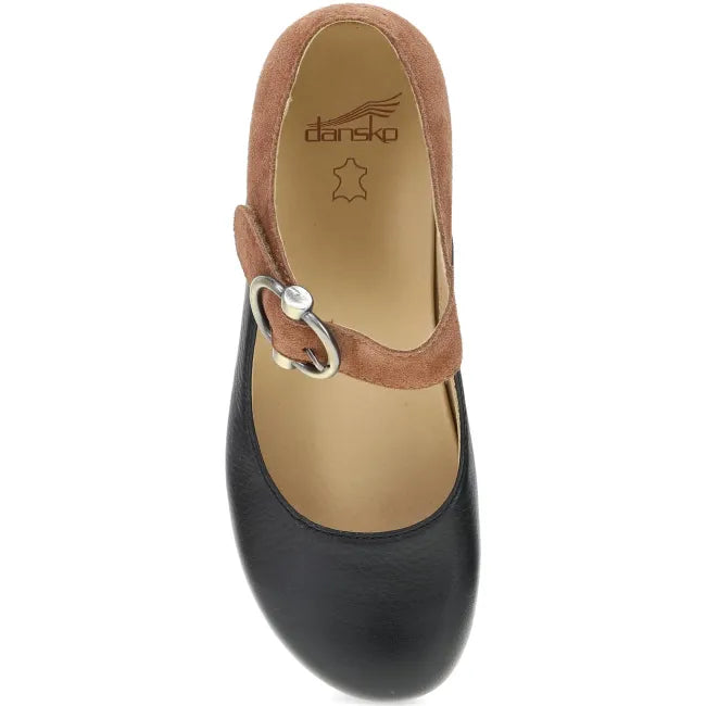 Dansko Bonny Mary Jane clog in luggage tan leather, top view showing instep strap and gold buckle