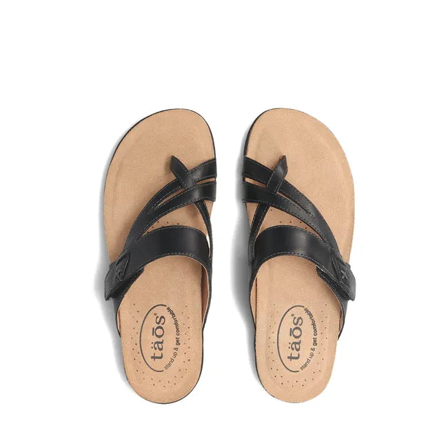 Upper of Women's Taos Perfect Sandal in black leather with open back and toe post