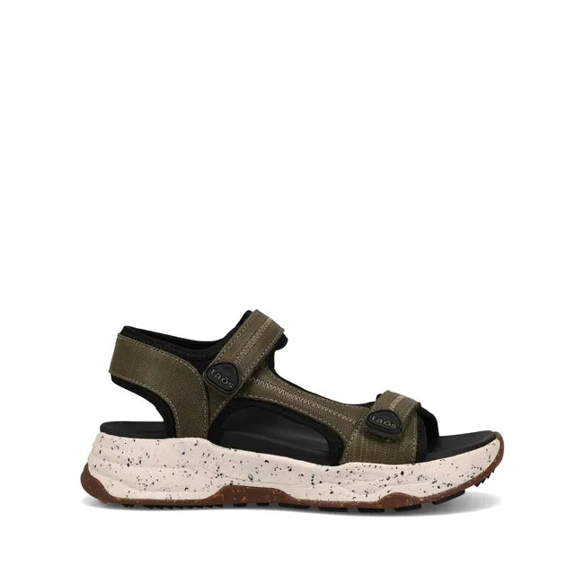 Lateral side of Women's Taos Super Side Sandal in Olive Emboss with velcro straps