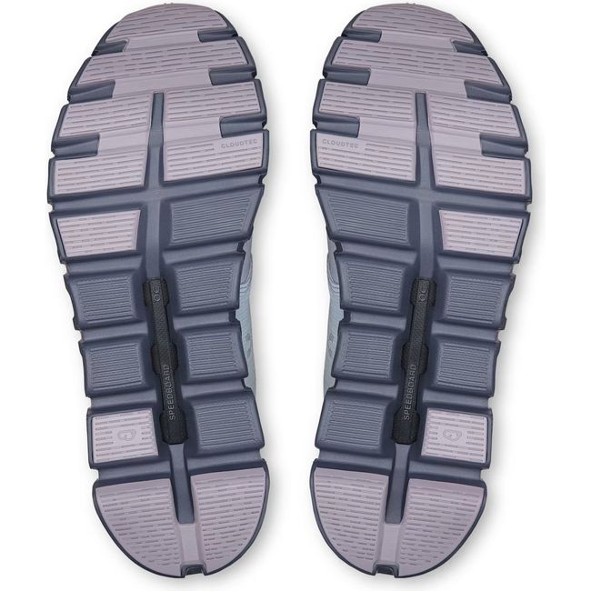 Soles of Womens On Running Cloud 6 Waterproof Running Shoes in Heather Metal with hollow cloud pods