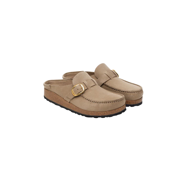Angled Pair of Birkenstock Women's Buckley Oiled Leather Clog in Tobacco Brown