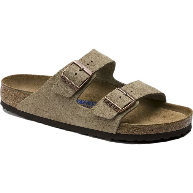 Front angled view of Birkenstock Unisex Arizona Soft Footbed Sandal in taupe suede