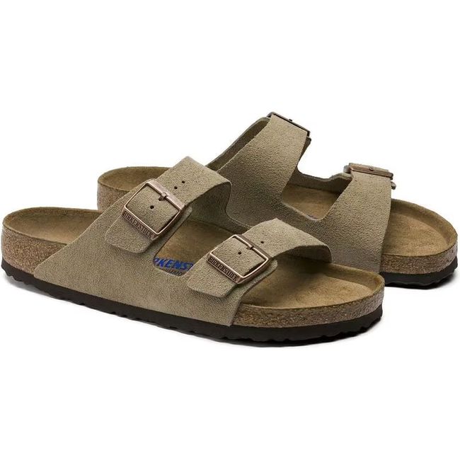 Pair of Birkenstock Unisex Arizona Soft Footbed Sandal in taupe suede
