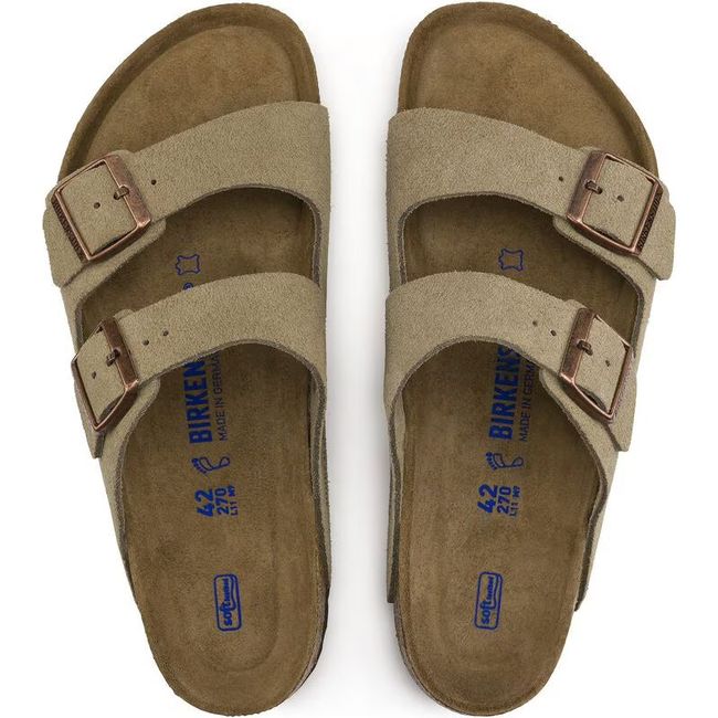 Top down view of Birkenstock Unisex Arizona Soft Footbed Sandal in taupe suede