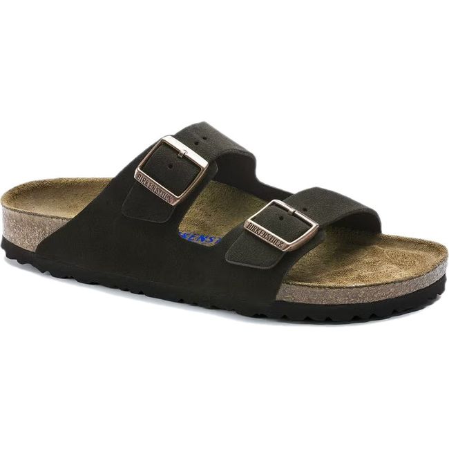 Front angled view of Birkenstock Unisex Arizona Soft Footbed Suede Sandal in Mocha